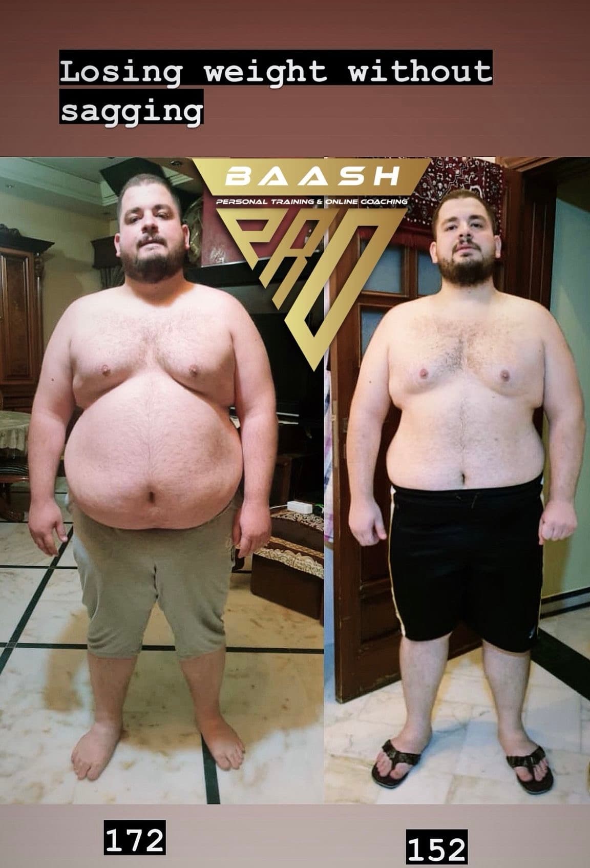 Before-and-after body transformation, Baash Pro personal training client 16