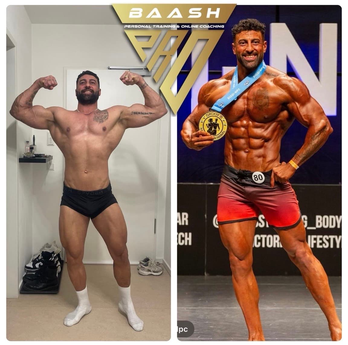 Before-and-after body transformation, Baash Pro personal training client 40